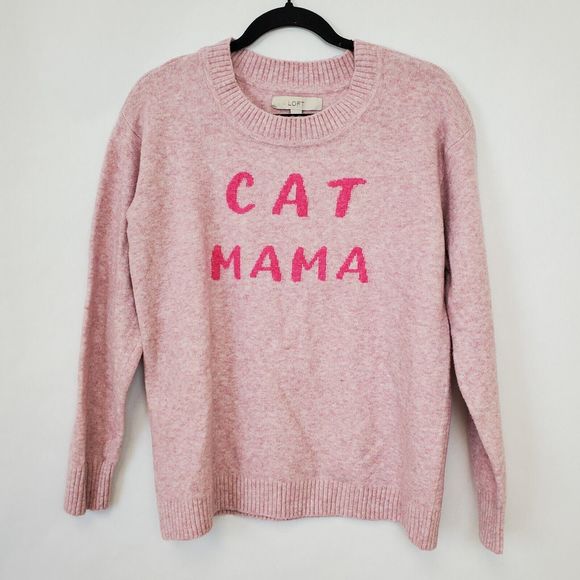 LOFT Sweaters - LOFT Sweater Womens Medium Cat Mama Novelty Spellout Crew Neck Pink Wool Blend